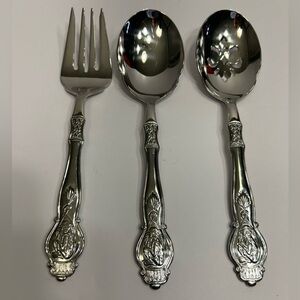 3 Wallace Monkey Pattern 18/10 Pieces Pierced Spoon, Fork, Serving Spoon